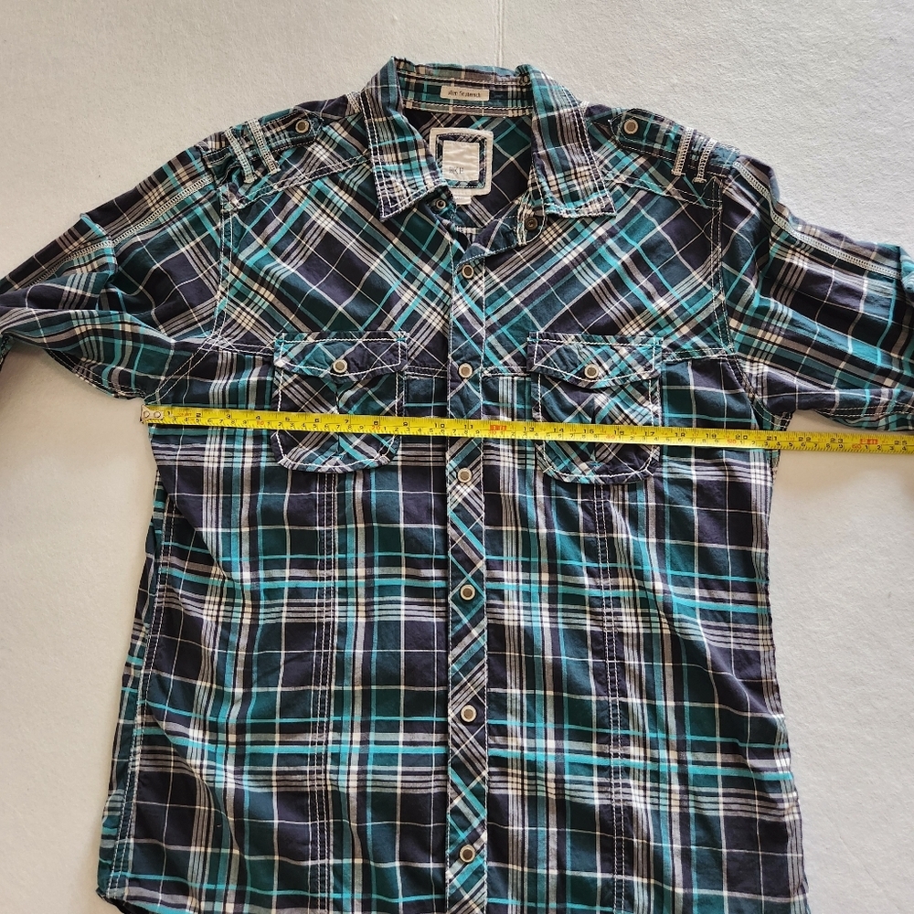 BKE Western Teal & Navy Plaid Slim Fit Stretch Pearl Snap Size Large - Picture 7 of 10